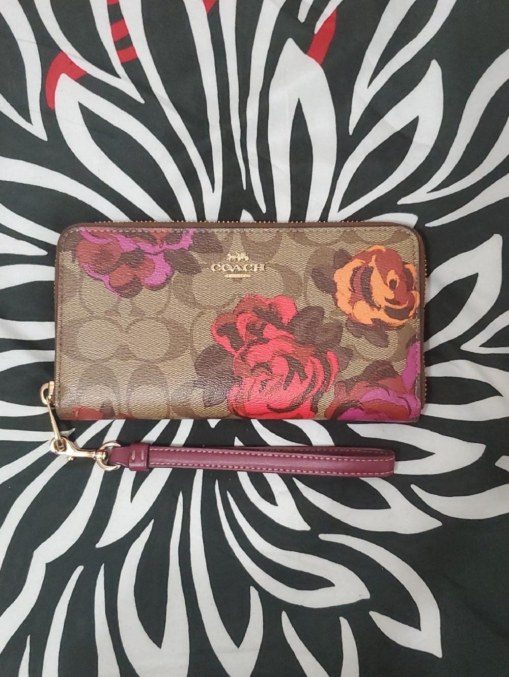Coach Brown Signature Big Floral Zip Around Wallet Wristlet